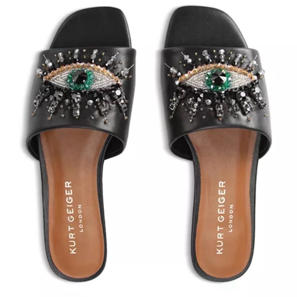 Kurt Geiger embellished black  eye flat slide sandal sz 8.5 women’s